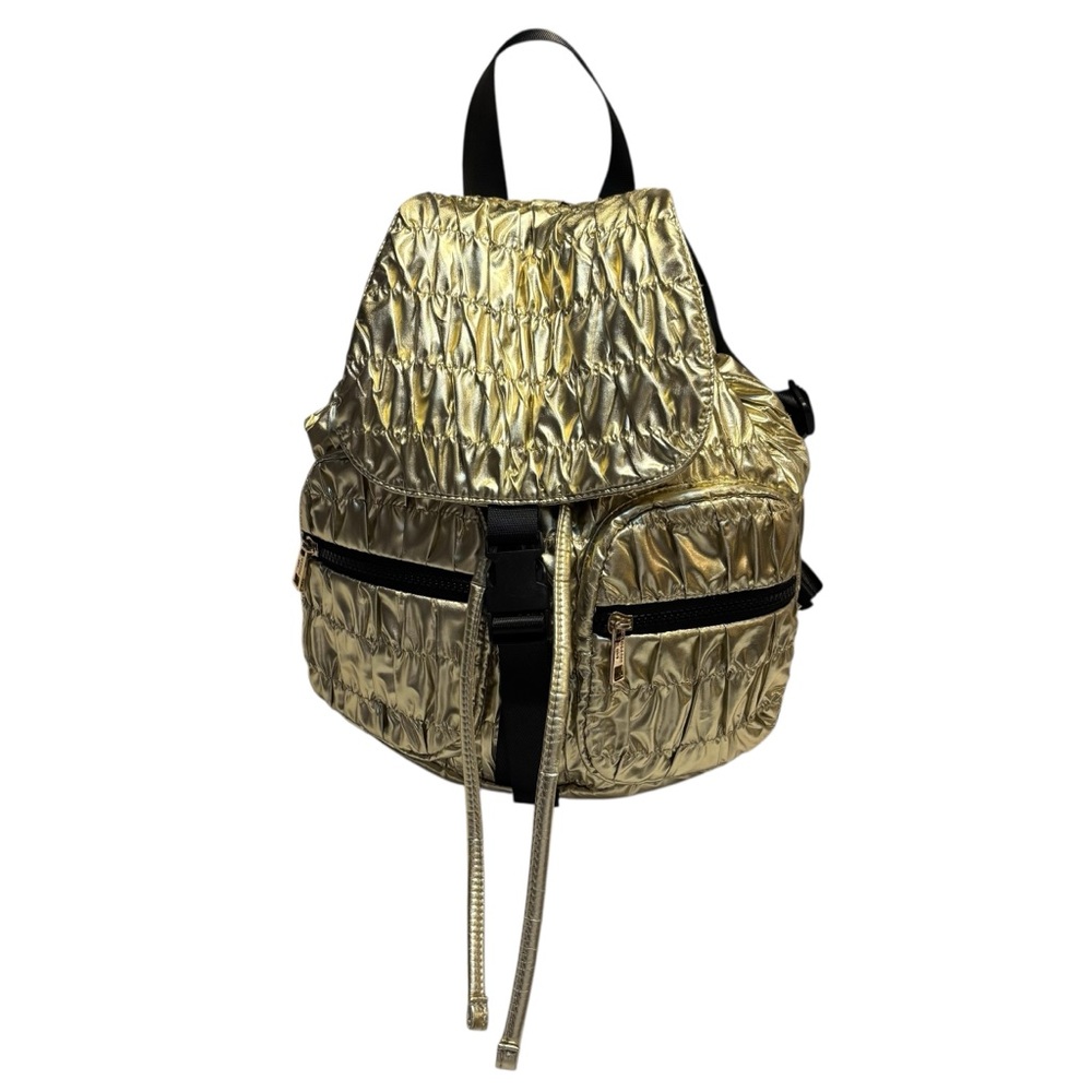 NWT Madden Girl Backpack Metallic Gold Quilted Drawstring Shiny Black Zip Straps